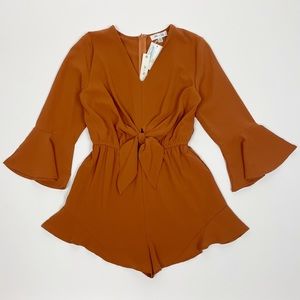 She + Sky Carmel Bell Sleeve Tie Front Romper NWT